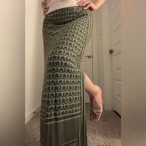 Olive Green Patterned Maxi Skirt with Side Slits